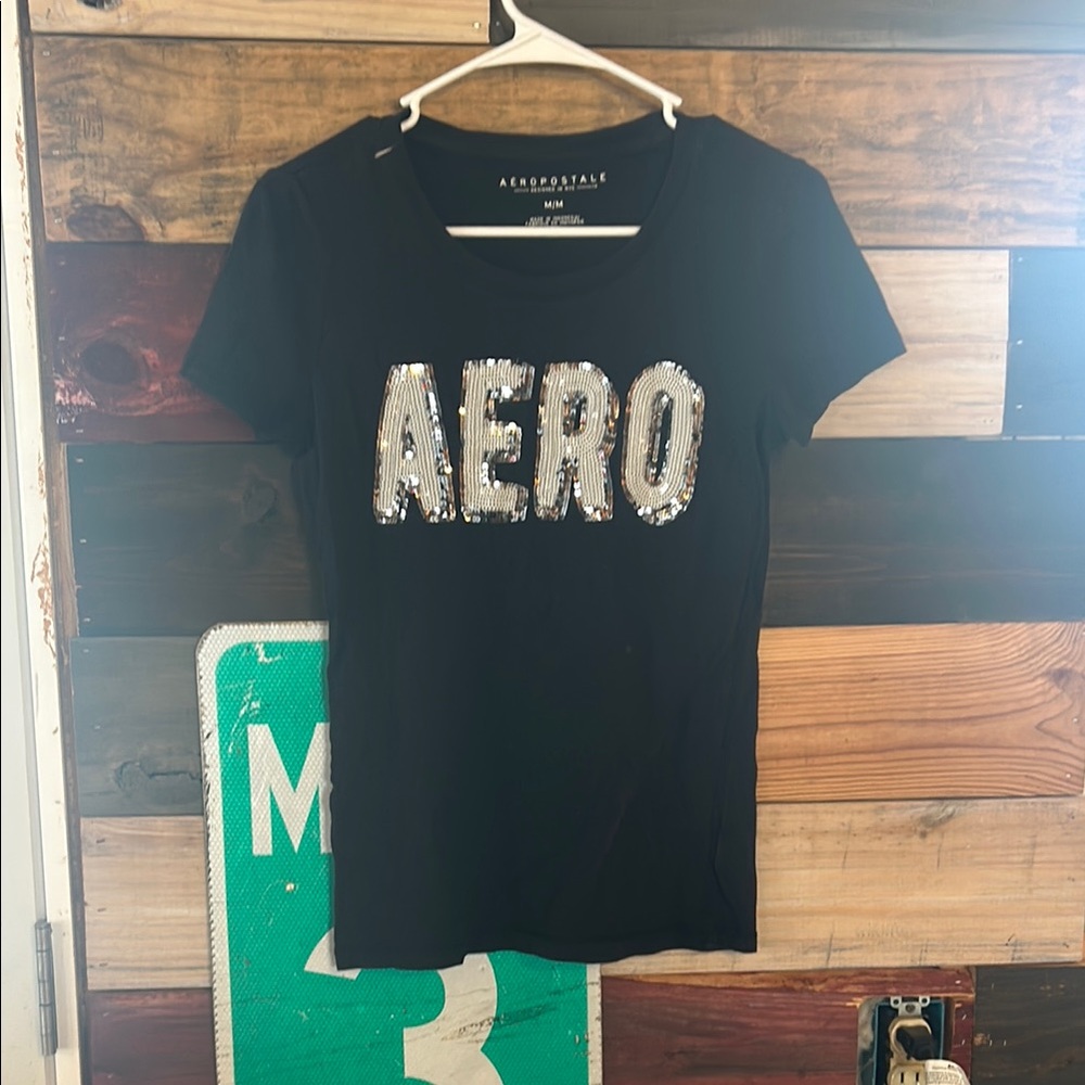 Aeropostale Black Sequin Logo T-Shirt         Size M cotton tee womens